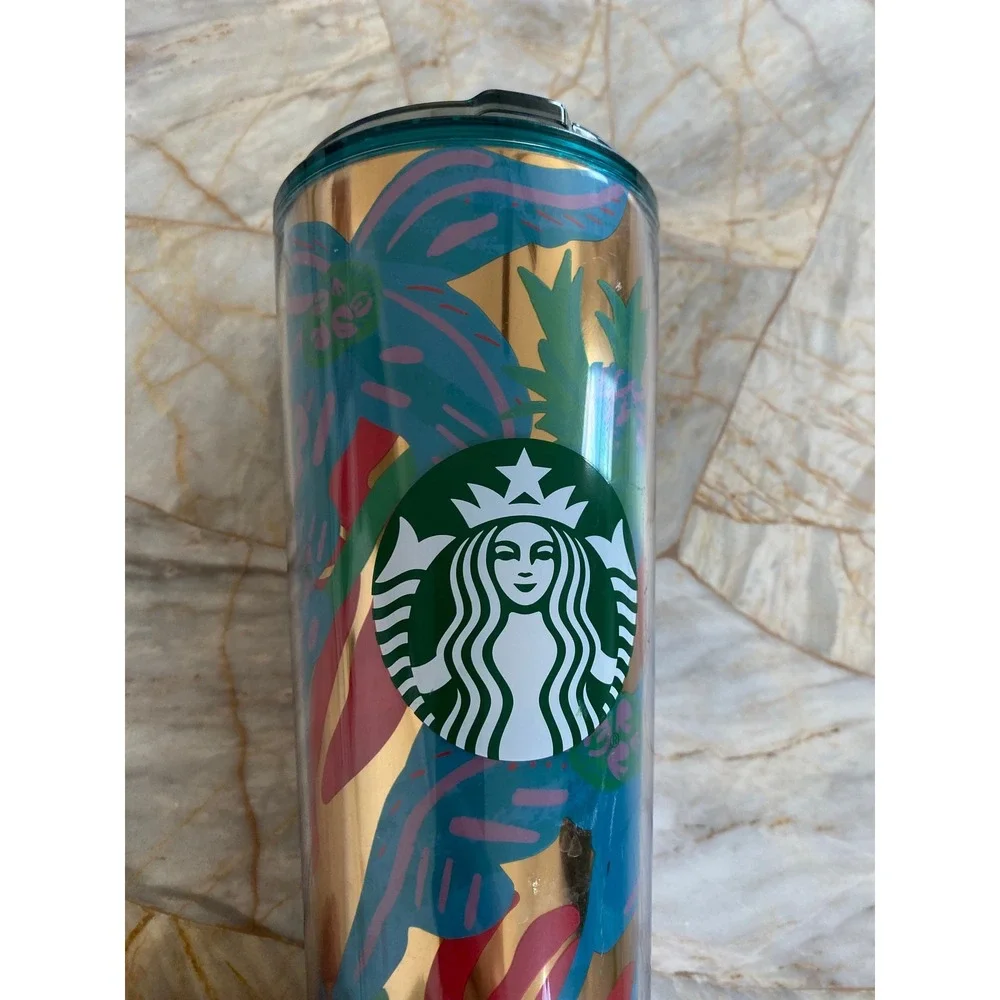 Starbucks 24oz Tropical Floral Gold Metallic Cold Cup Tumbler 011132611 Teal Lid